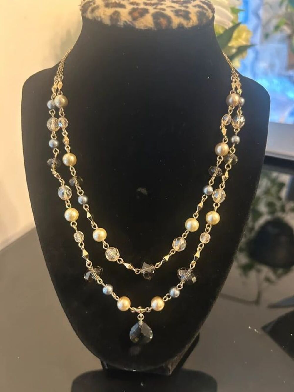 Carolee Layered Faux Pearl & Faceted Bead Necklace Gold Tone